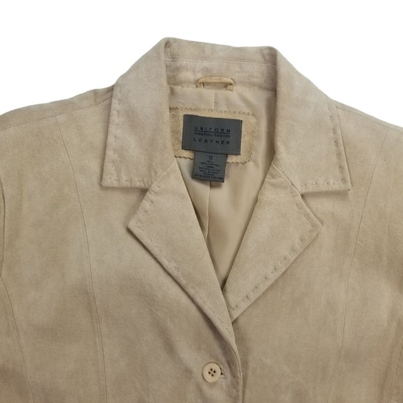 John Paul Richard Uniform Suede Leather Blazer Jacket Button Up Womens Sz 12 Tan - Picture 13 of 16